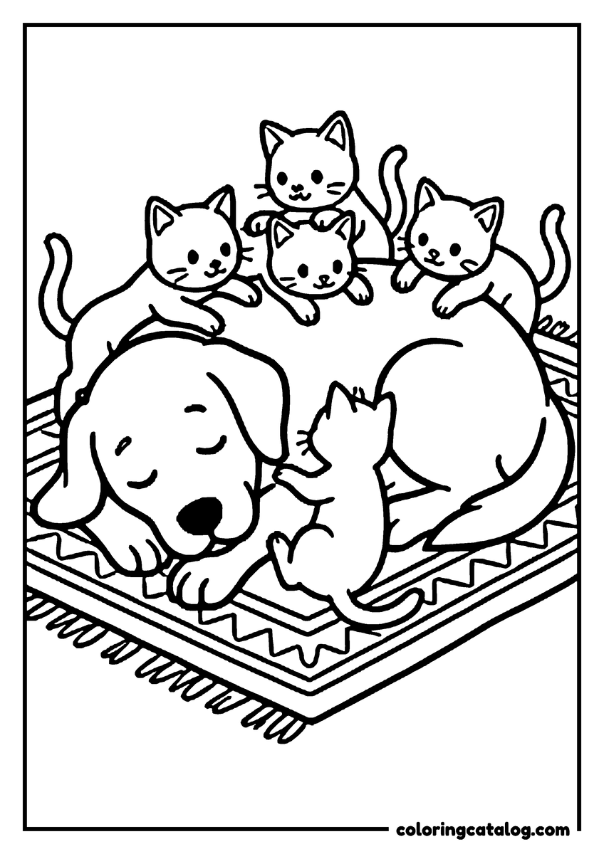 Free printable coloring sheet: A litter of kittens climbing and napping on a sleeping puppy on a rug