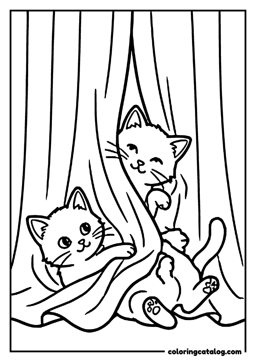 Printable coloring page: Two kittens tangled in long curtains, one climbing and one rolling on its back