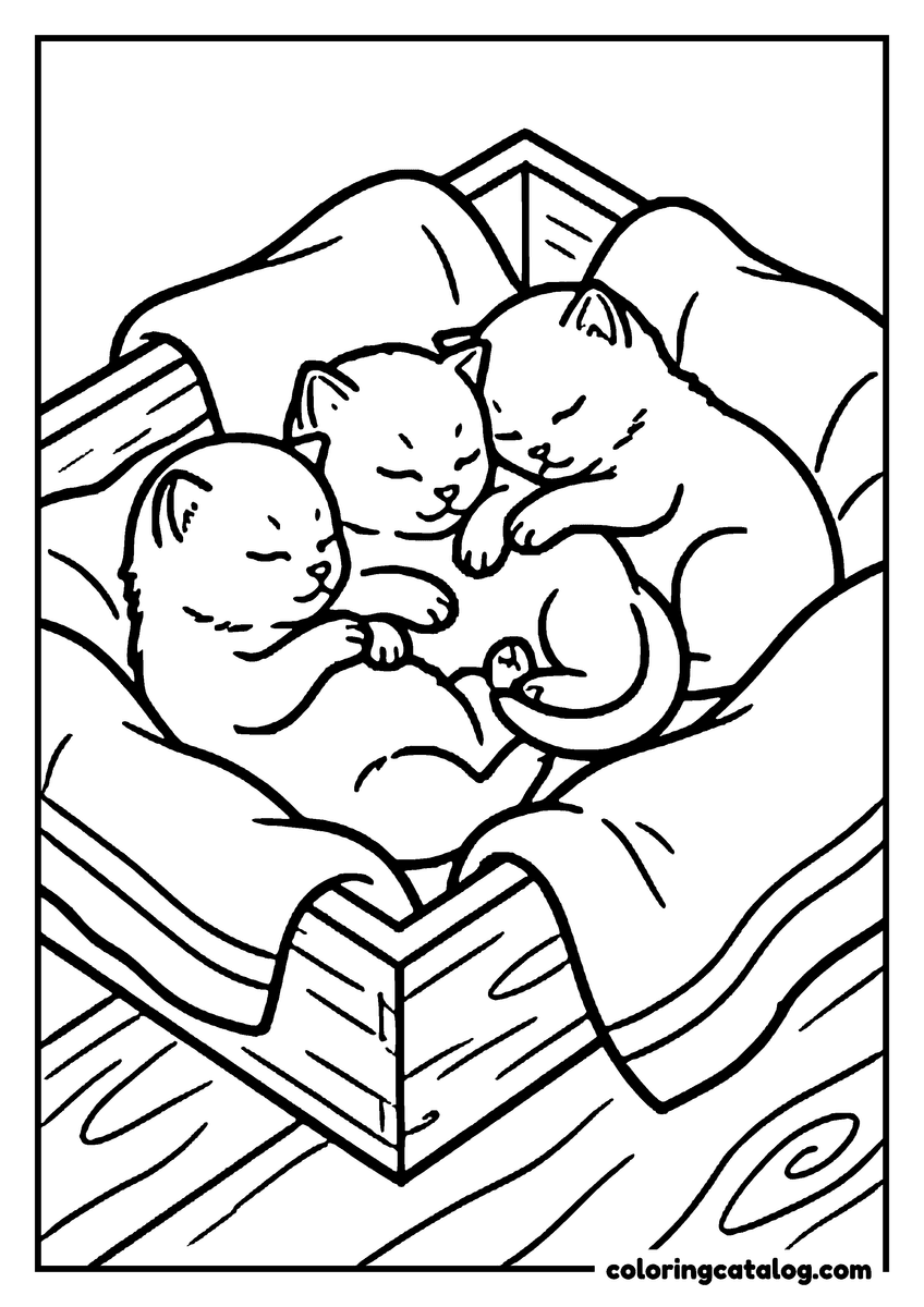 Free printable coloring sheet: Three kittens curled up asleep together on a blanket in a wooden crate