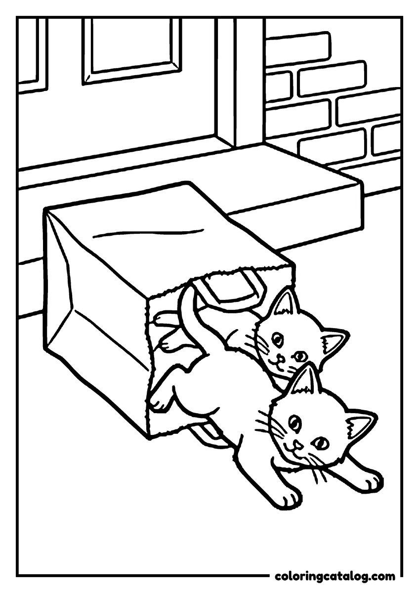 Printable coloring page: Two kittens tumbling out of a paper grocery bag on a doorstep