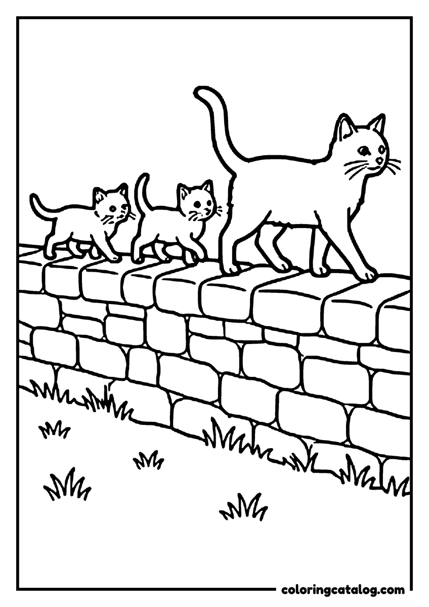 Printable coloring page: A mother cat leading two kittens along the top of a stone wall