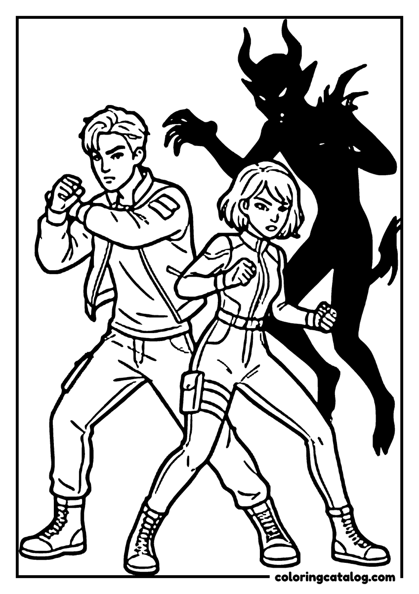 Kpop demon hunters coloring page: Two teenagers in fighting stances with their fists up, a horned shadow rising behind them