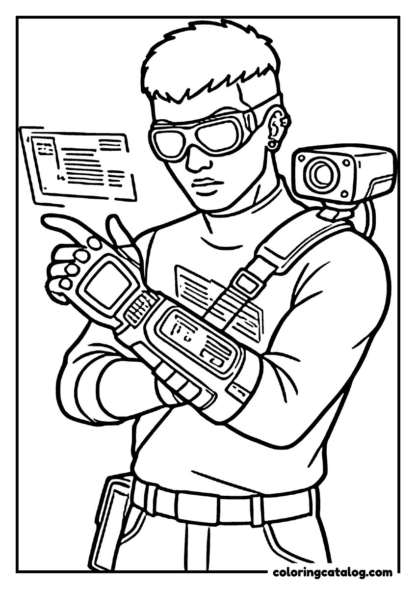 Printable Kpop demon hunters coloring page: A young man in goggles reading a floating screen, a scanner on his forearm and a pistol holstered at his hip