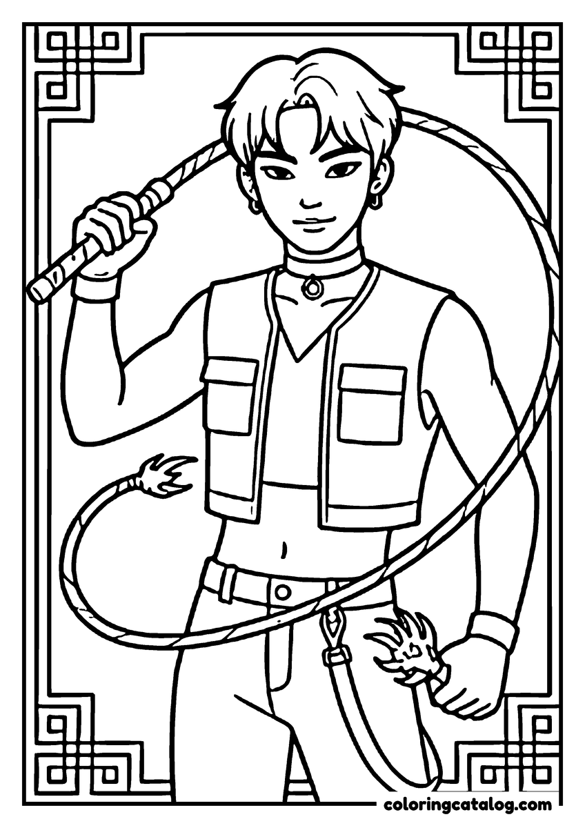 Free Kpop demon hunters coloring sheet: A young man in a utility vest holding a clawed whip that curls around him, inside a fretwork border