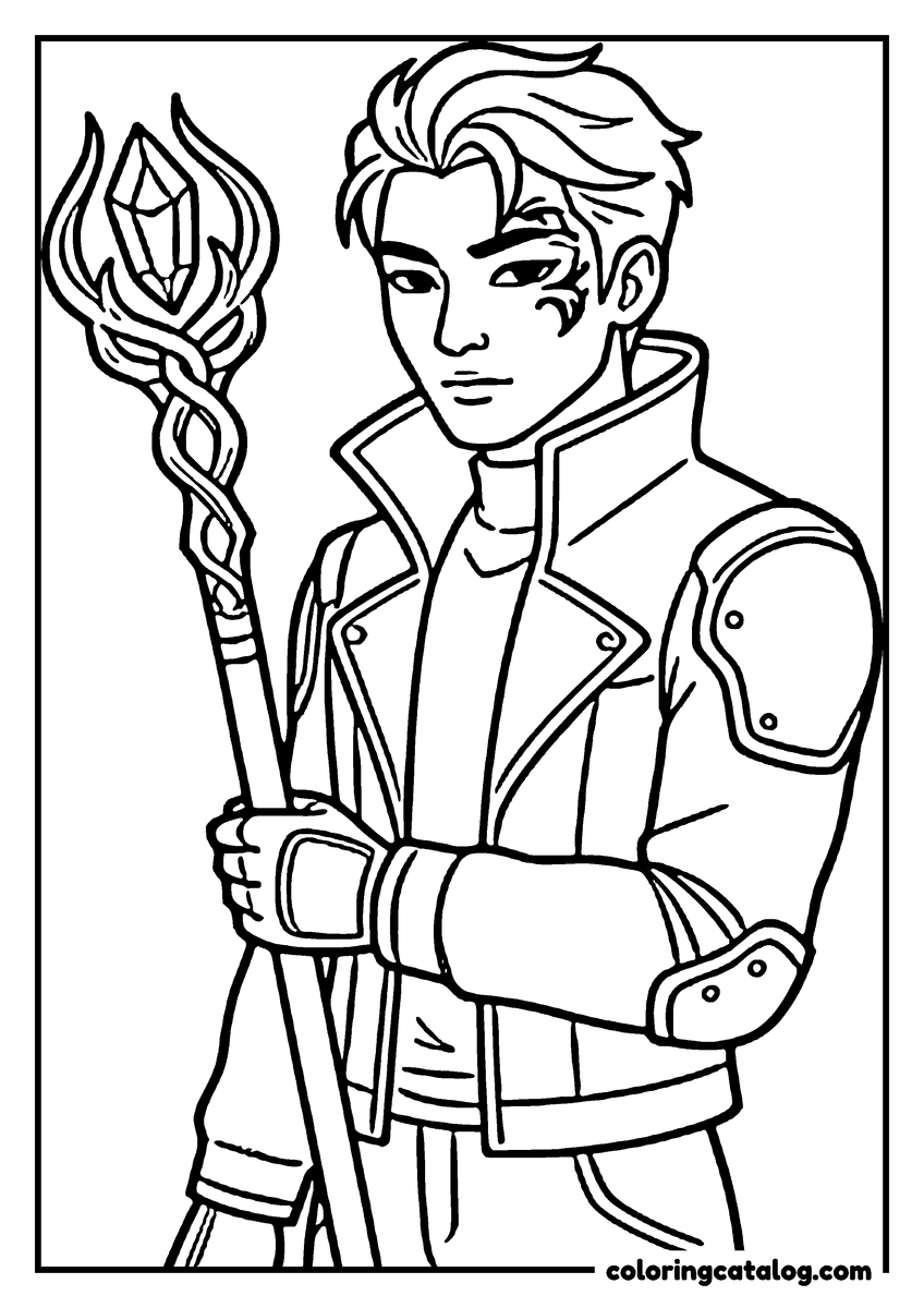 Free Kpop demon hunters coloring sheet: A young man in a padded jacket holding a staff topped with a crystal held in twisting metal