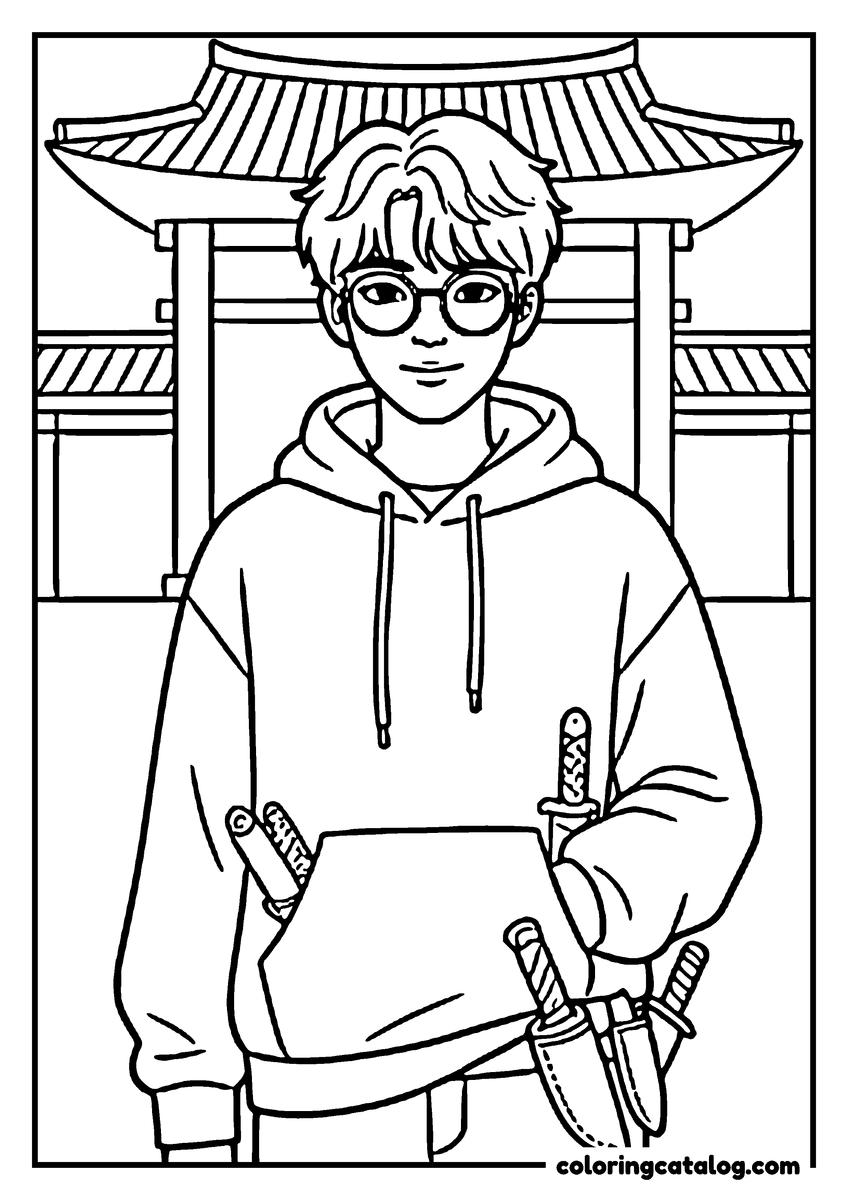 Printable Kpop demon hunters coloring page: A young man in glasses and a hoodie standing under a tiled gate, four sheathed blades at his belt