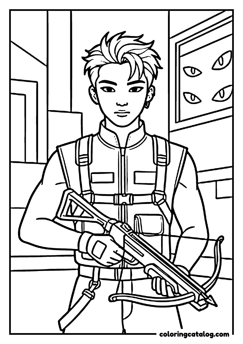 Free Kpop demon hunters coloring sheet: A young man holding a crossbow in a corridor, a panel of watching eyes on the wall behind him