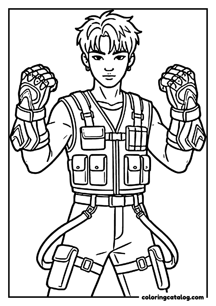 Free Kpop demon hunters coloring sheet: A young man in a pocketed vest raising both gloved fists, grinning