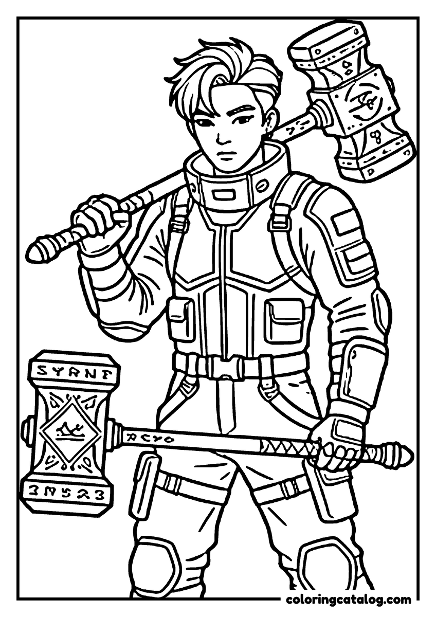 Free Kpop demon hunters coloring sheet: A young man in padded gear carrying a heavy engraved hammer in each hand