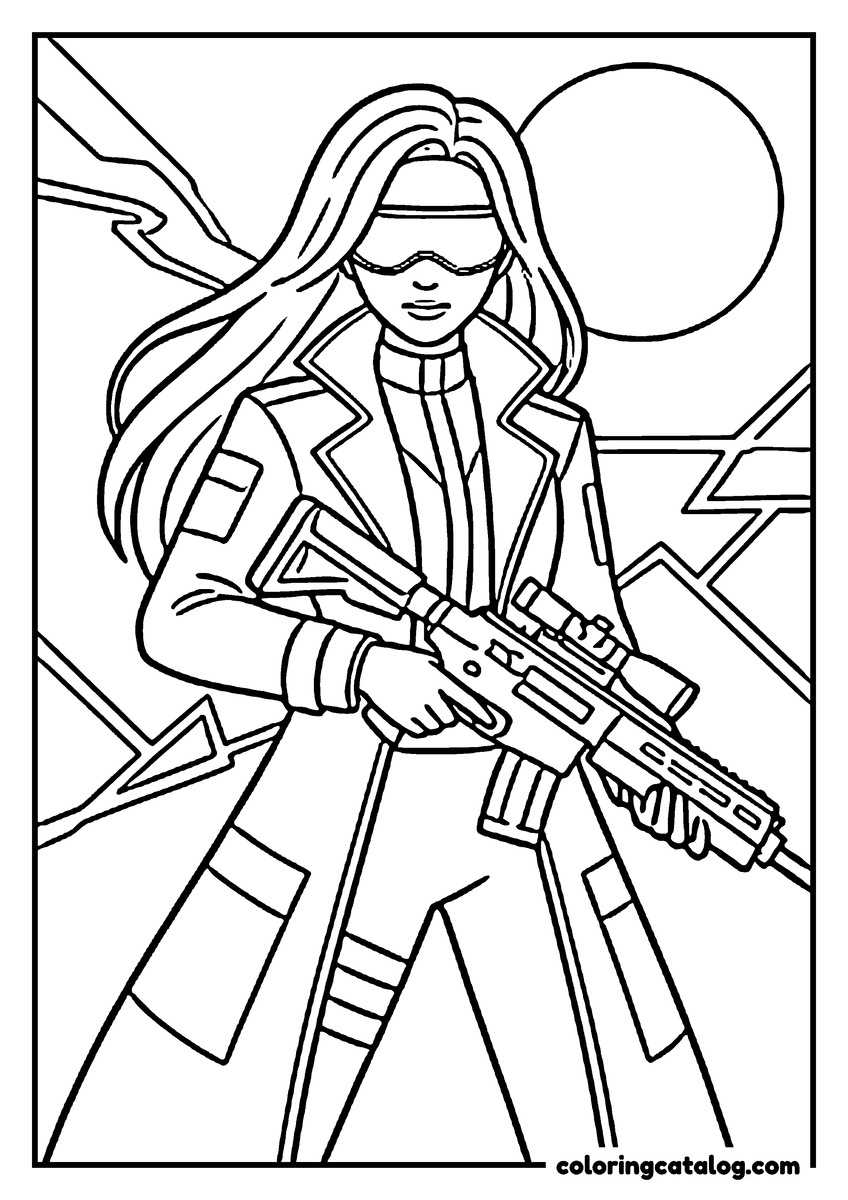 Free Kpop demon hunters coloring sheet: A young woman in goggles and a long coat holding a scoped rifle, a broken moon behind her