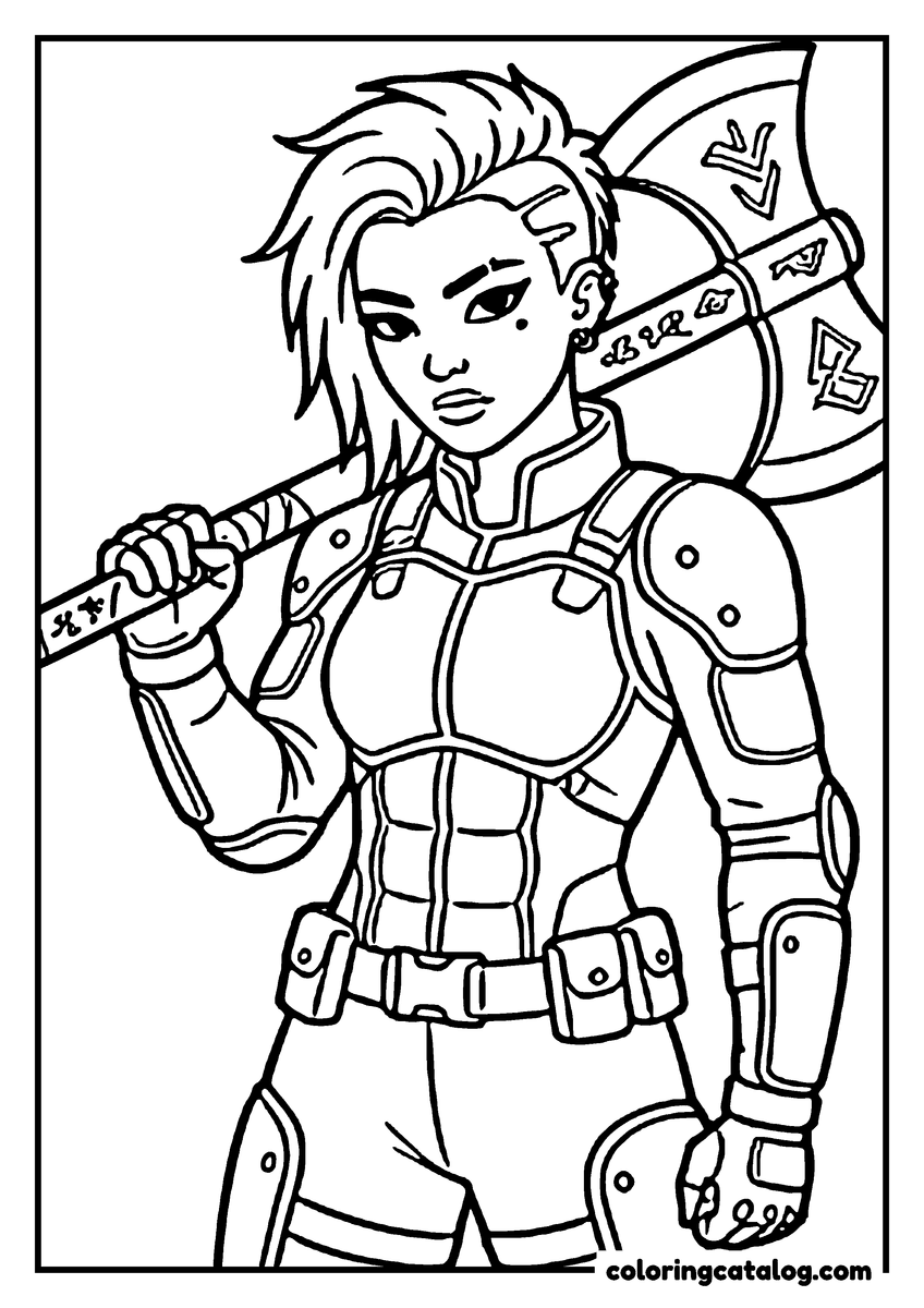 Free Kpop demon hunters coloring sheet: A young woman in plated armour resting a runed war axe on her shoulder