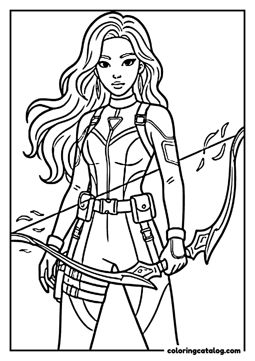 Free Kpop demon hunters coloring sheet: A young woman with wavy hair holding a bladed bow at her side, petals drifting past
