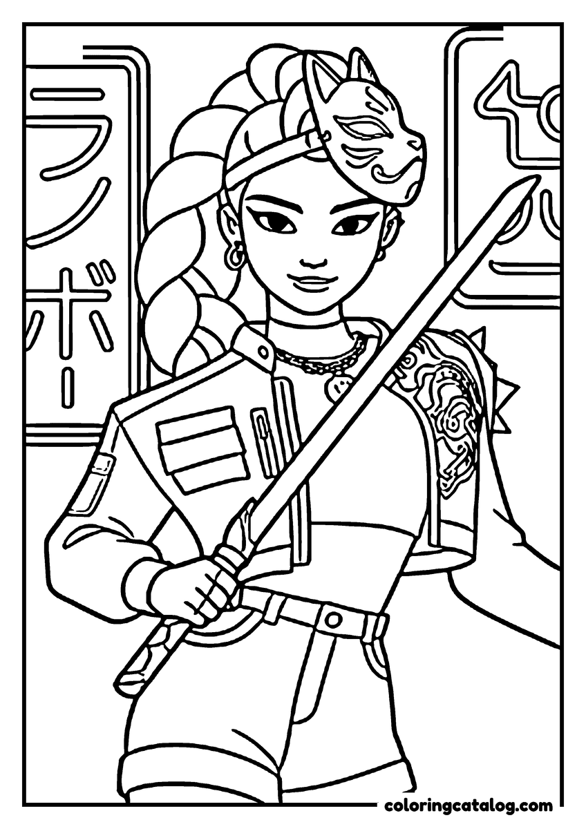 Kpop demon hunters coloring page: A young woman with a fox mask pushed up on her head, holding a sword under neon signs