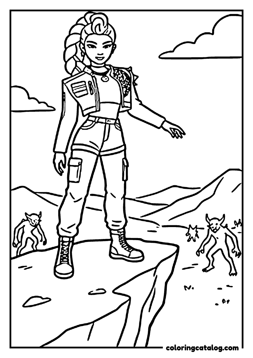 Kpop demon hunters coloring page: A young woman with a long braid standing on a clifftop, small horned creatures watching from the plain below