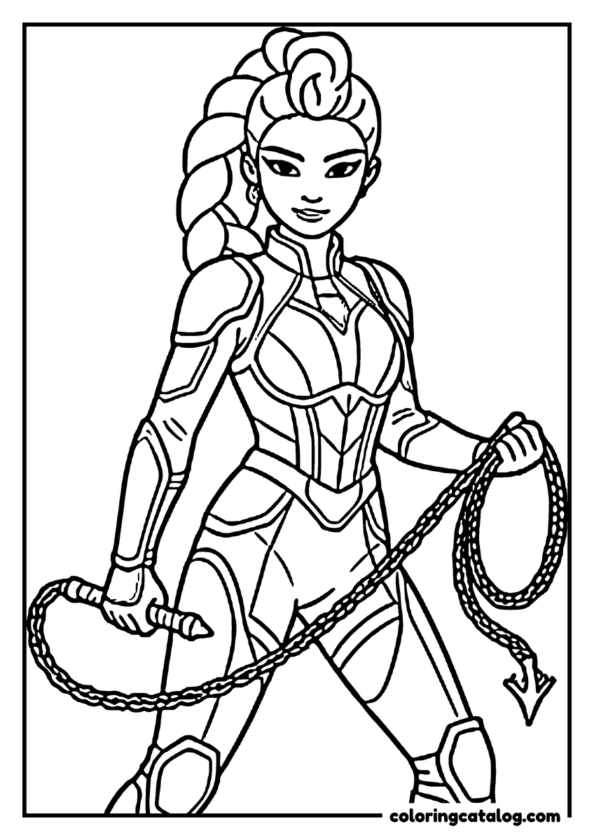Printable Kpop demon hunters coloring page: A young woman in moulded armour holding a long braided whip that loops around her