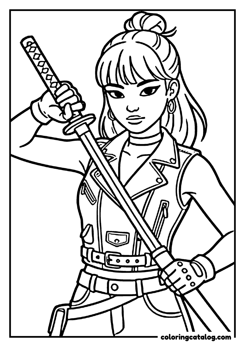 Printable Kpop demon hunters coloring page: A young woman in a studded leather jacket resting a sheathed katana on her shoulder