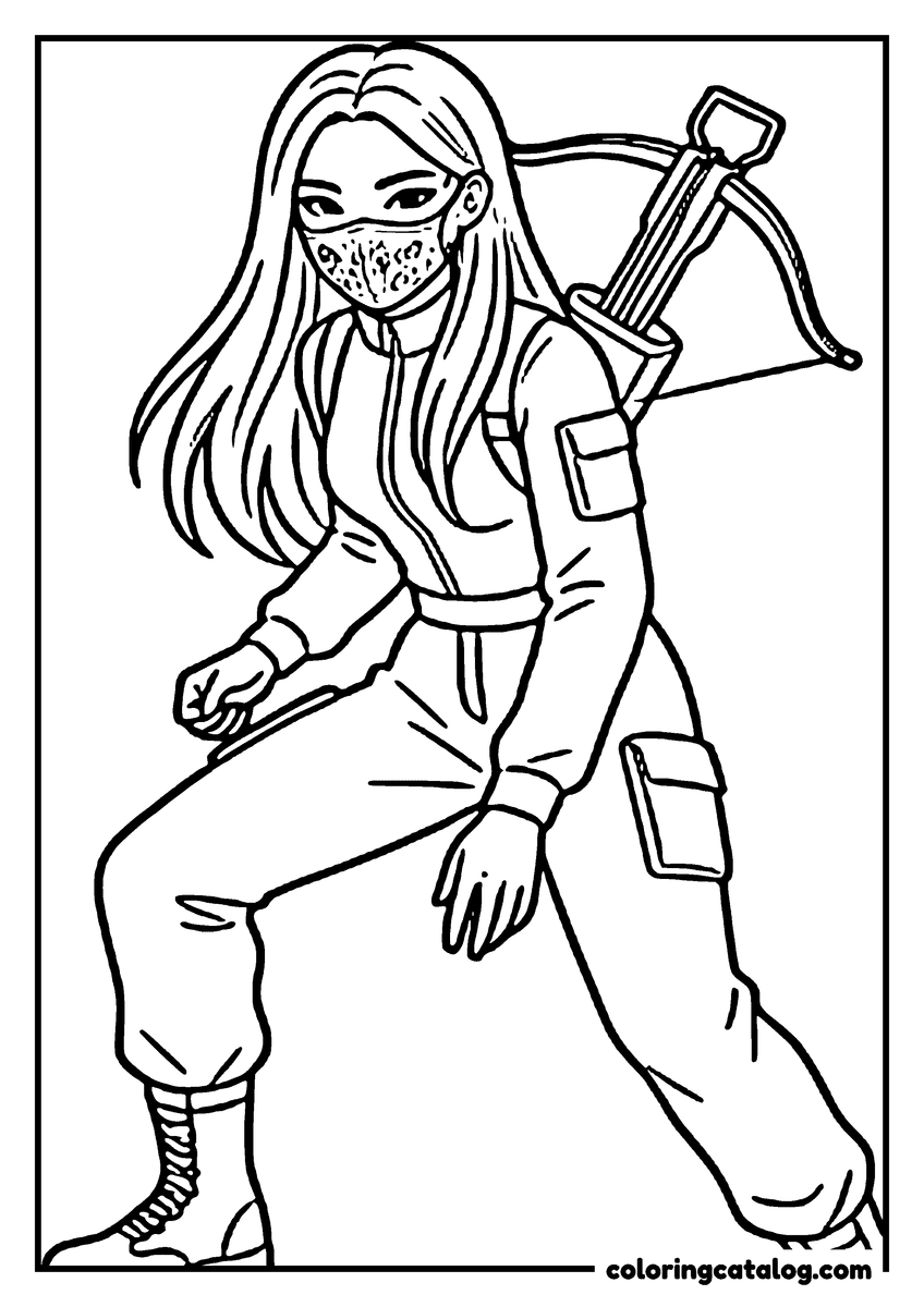 Printable Kpop demon hunters coloring page: A young woman in a patterned face mask crouching, a crossbow slung across her back