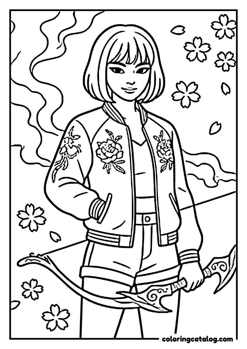 Kpop demon hunters coloring page: A young woman in an embroidered bomber jacket holding a bladed bow, cherry blossom falling around her