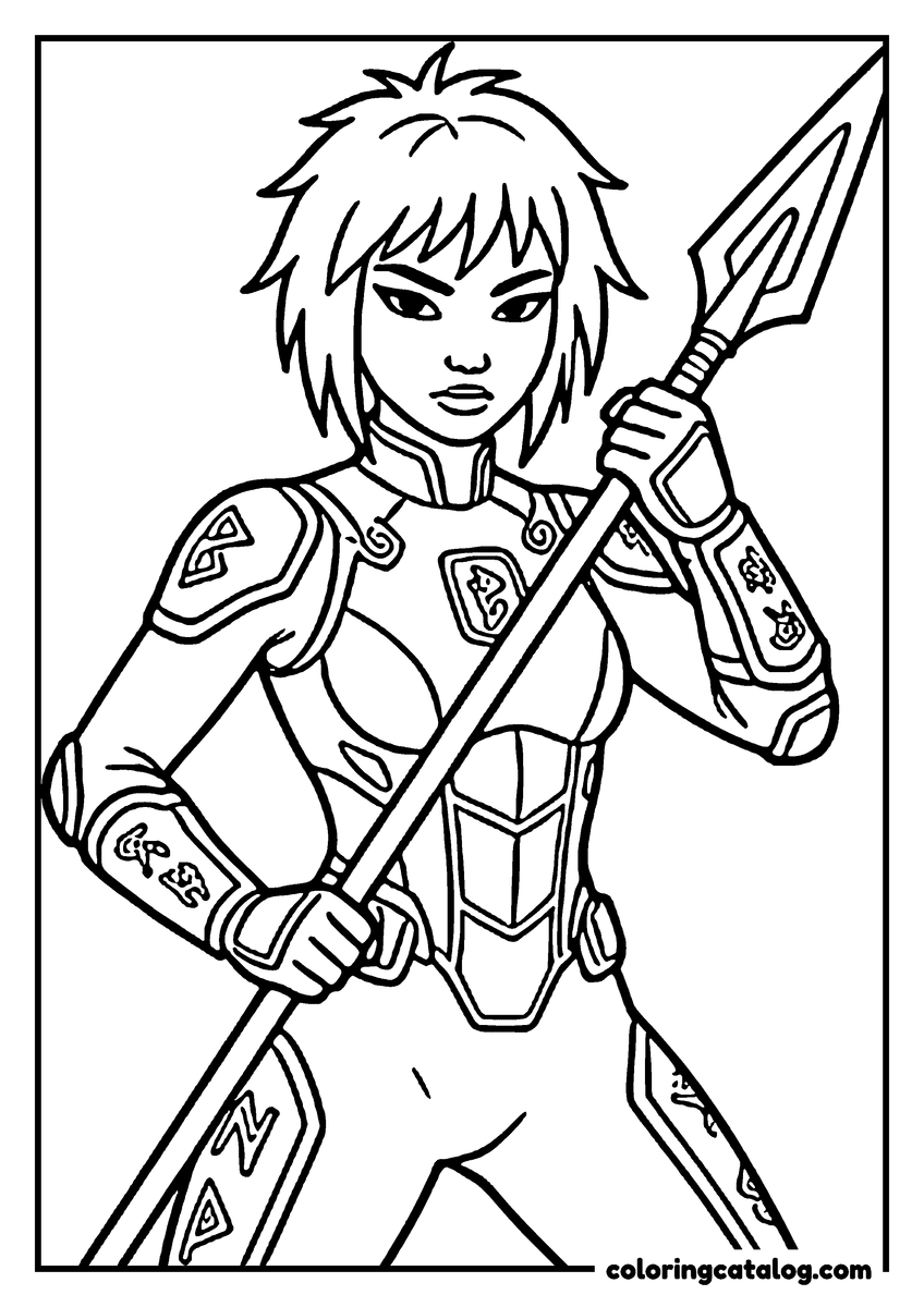 Printable Kpop demon hunters coloring page: A young woman in armour covered in engraved runes, holding a long spear across her body