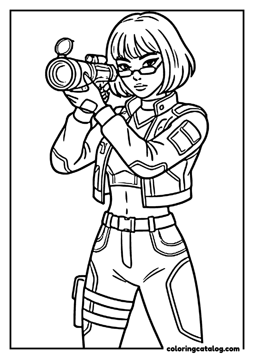 Printable Kpop demon hunters coloring page: A young woman in a cropped jacket raising a camera with a long lens to her eye