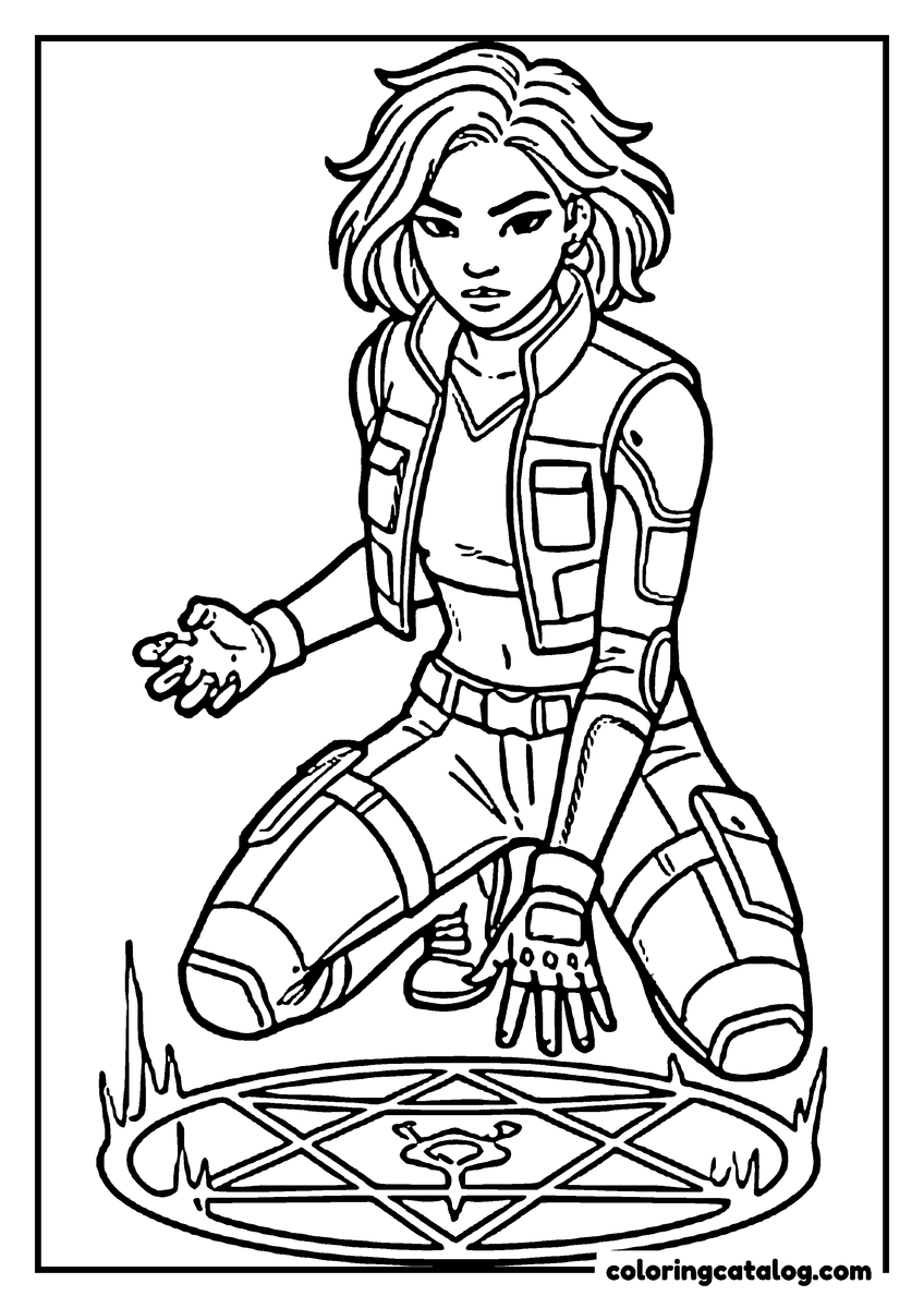 Printable Kpop demon hunters coloring page: A young woman kneeling over a burning star drawn on the ground, one hand open above it