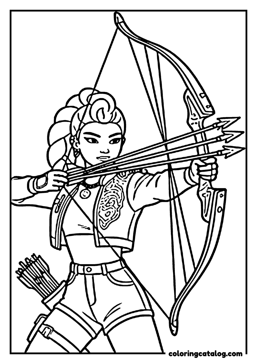 Free Kpop demon hunters coloring sheet: A young woman drawing a bow with three arrows at once, a quiver strapped to her leg