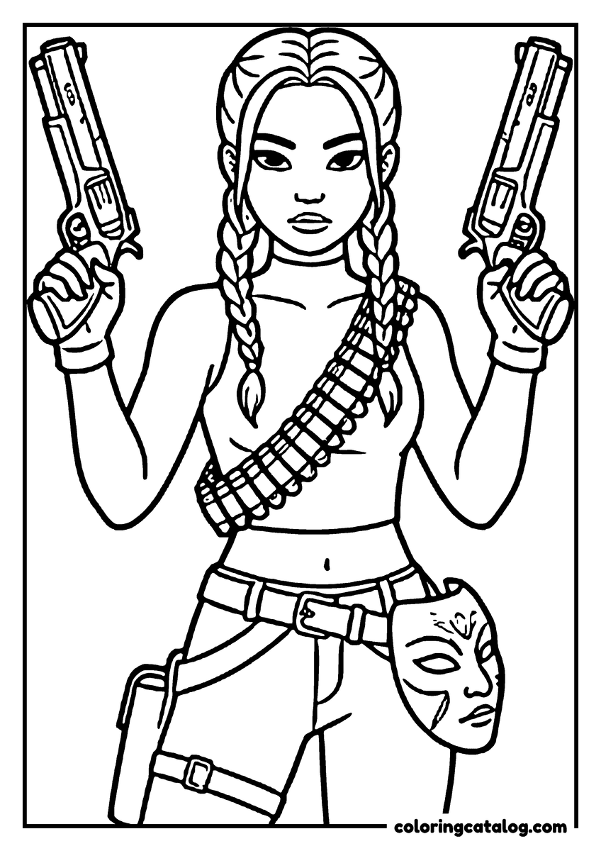 Kpop demon hunters coloring page: A young woman with braided hair holding a pistol in each hand, a belt of cartridges across her chest and a painted mask at her waist