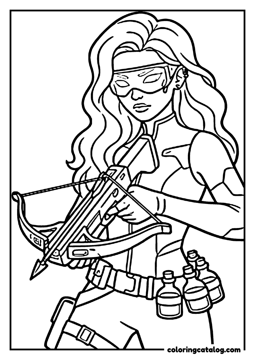 Free Kpop demon hunters coloring sheet: A young woman in goggles loading a crossbow, with small bottles hanging from her belt
