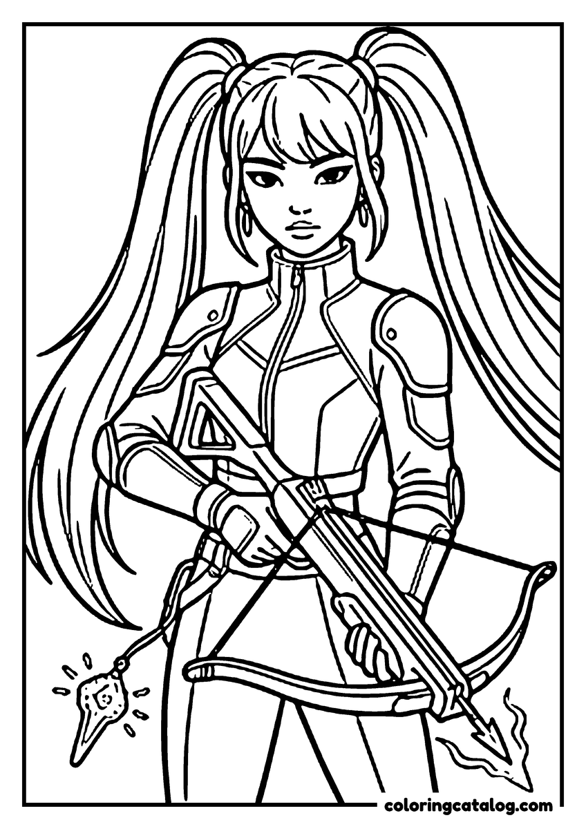 Kpop demon hunters coloring page: A young woman with long pigtails holding a bow with a glowing arrow already on the string