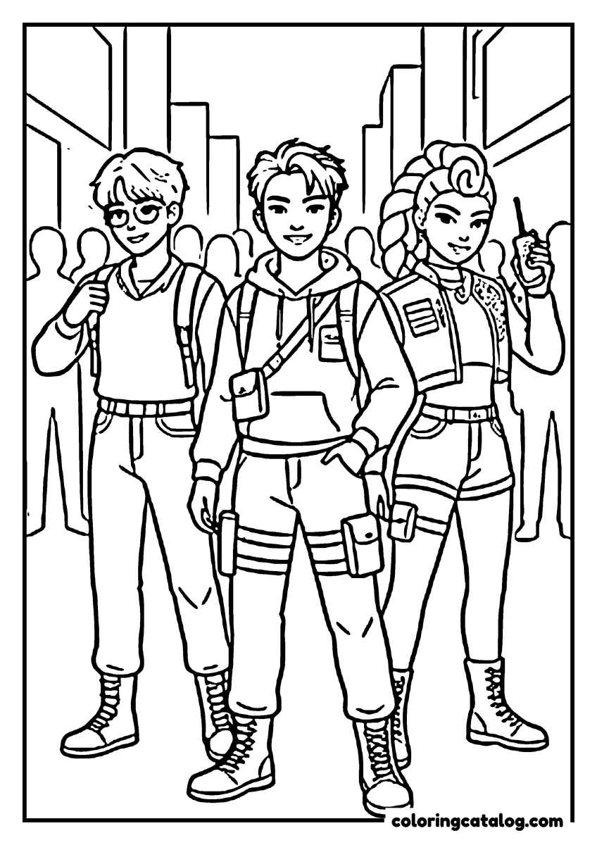 Kpop demon hunters coloring page: Three friends standing together in a busy street, one with a walkie-talkie, all of them smiling