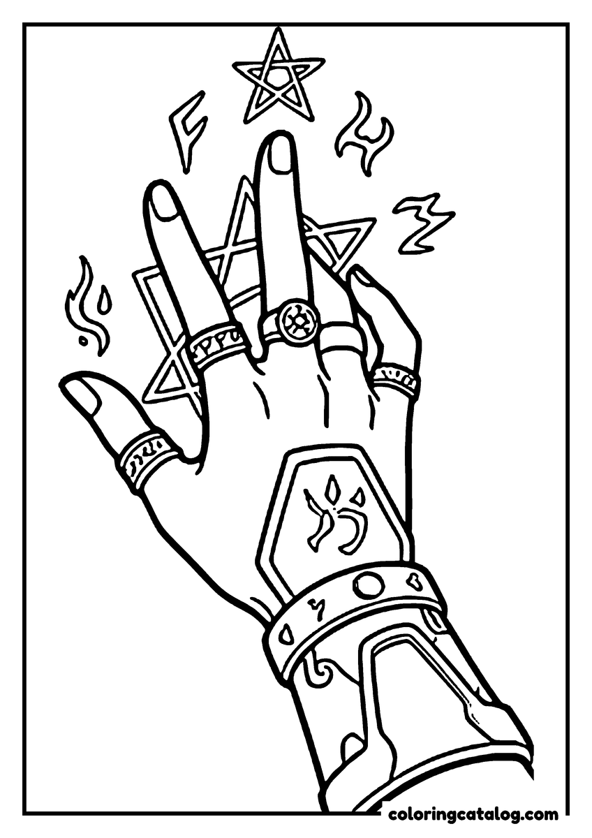 Kpop demon hunters coloring page: A hand raised in a bracer, wearing rings, with a star and floating symbols drawn above the fingers