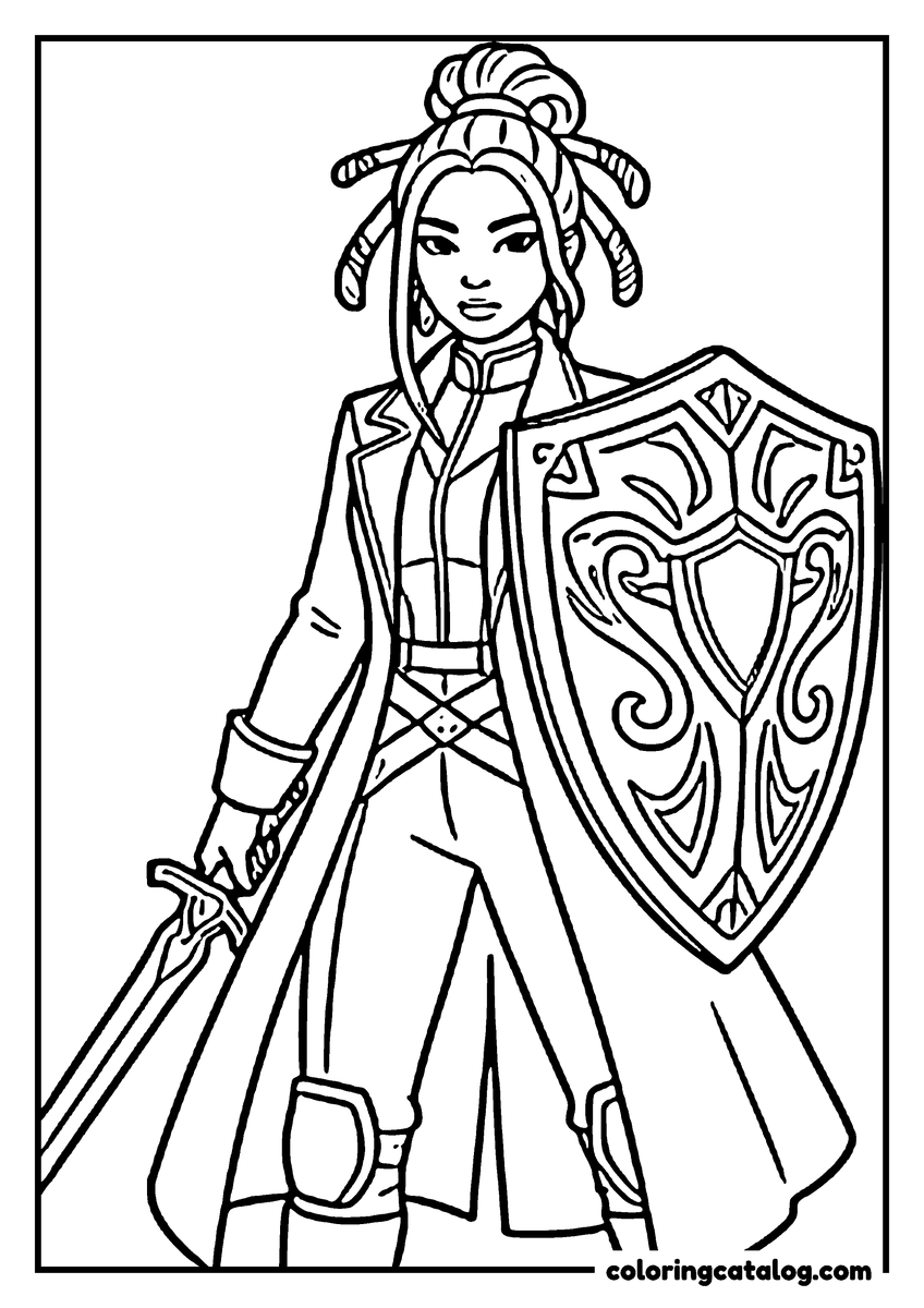 Free Kpop demon hunters coloring sheet: A young woman in a long coat with a decorated shield on one arm and a sword lowered in the other