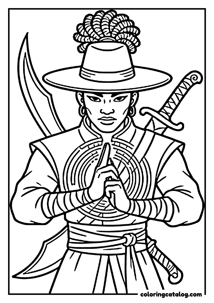 Free Kpop demon hunters coloring sheet: A warrior in a wide brimmed hat bowing with hands pressed together, a curved blade and a sword crossed behind