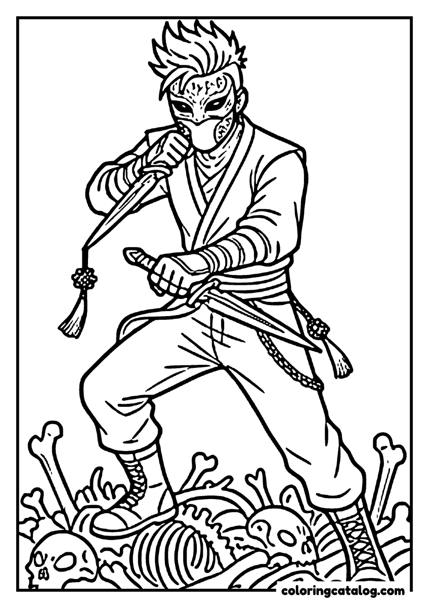 Free Kpop demon hunters coloring sheet: A masked figure in a wrapped tunic drawing a sword, standing on a heap of skulls and bones