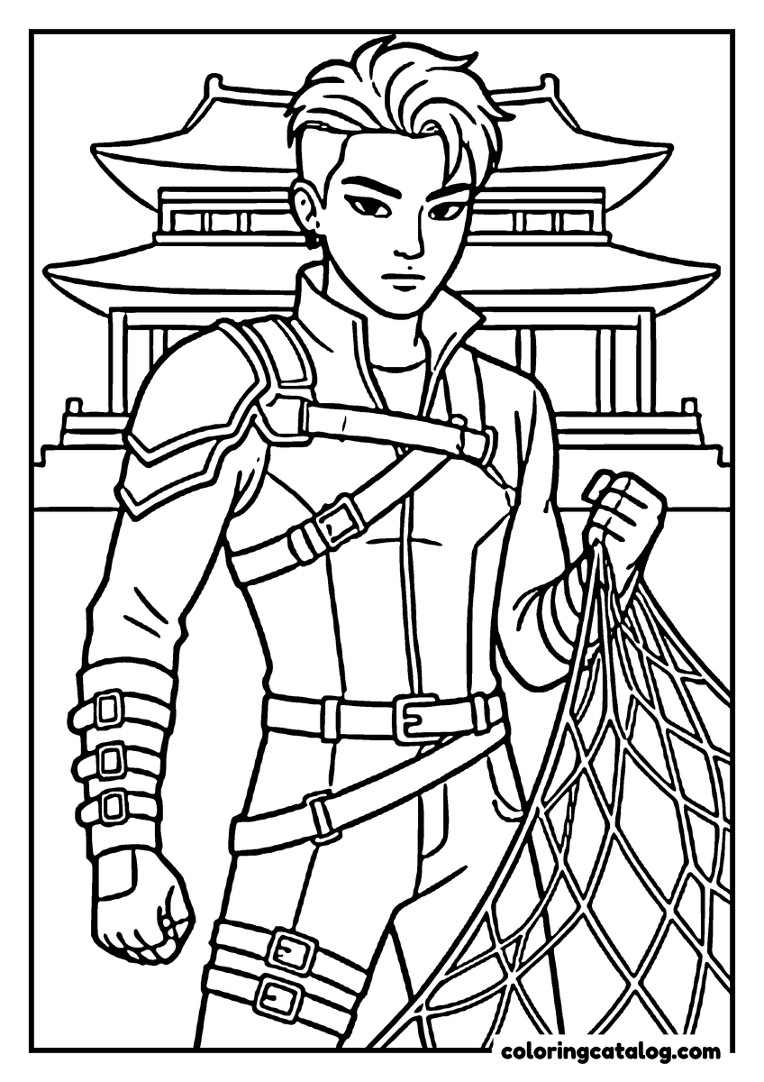Free Kpop demon hunters coloring sheet: A young man in a strapped jacket holding a knotted net, a tiled temple roof behind him