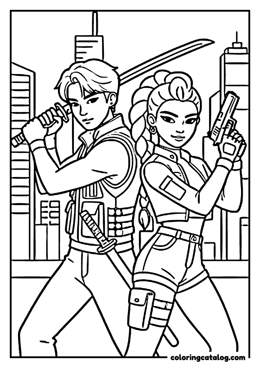 Printable Kpop demon hunters coloring page: Two figures back to back on a rooftop, one drawing a sword over his shoulder, the other raising a pistol