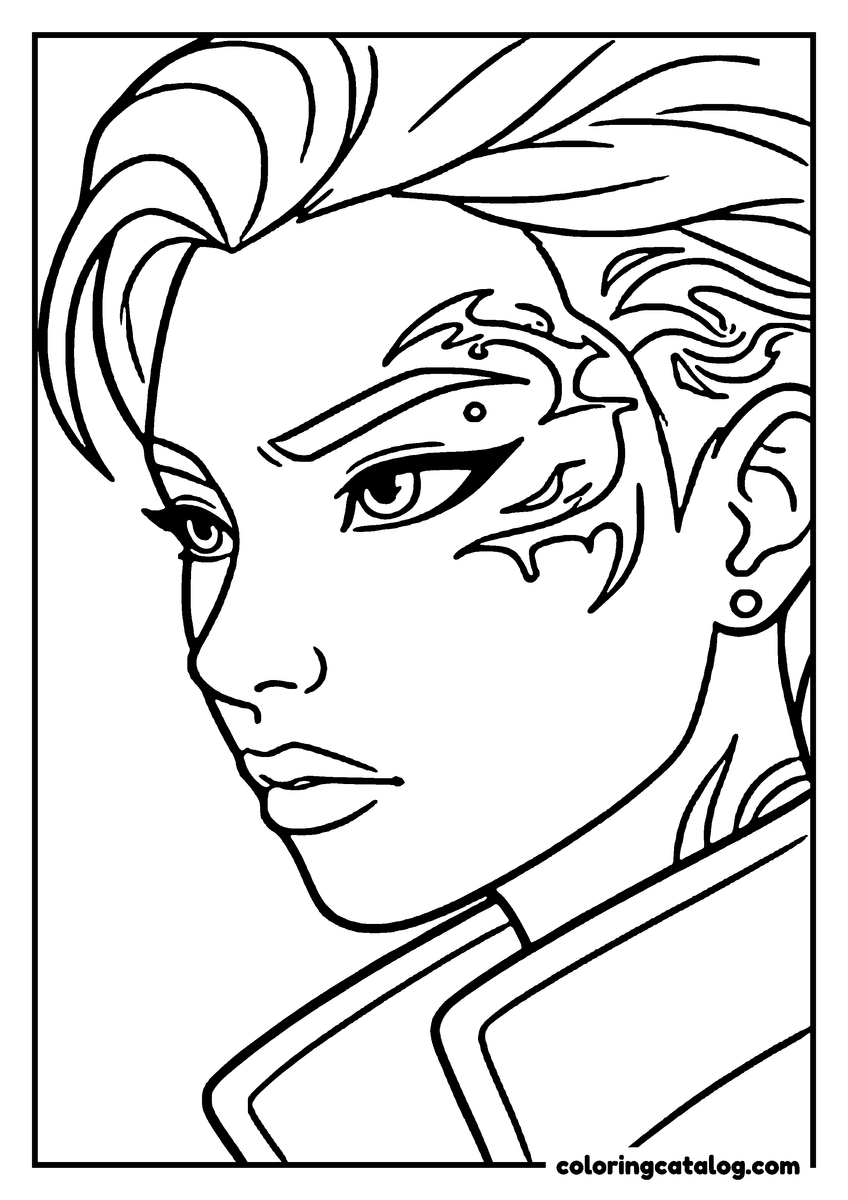 Printable Kpop demon hunters coloring page: A close-up of a young woman's face, a curling marking running from her brow across her temple