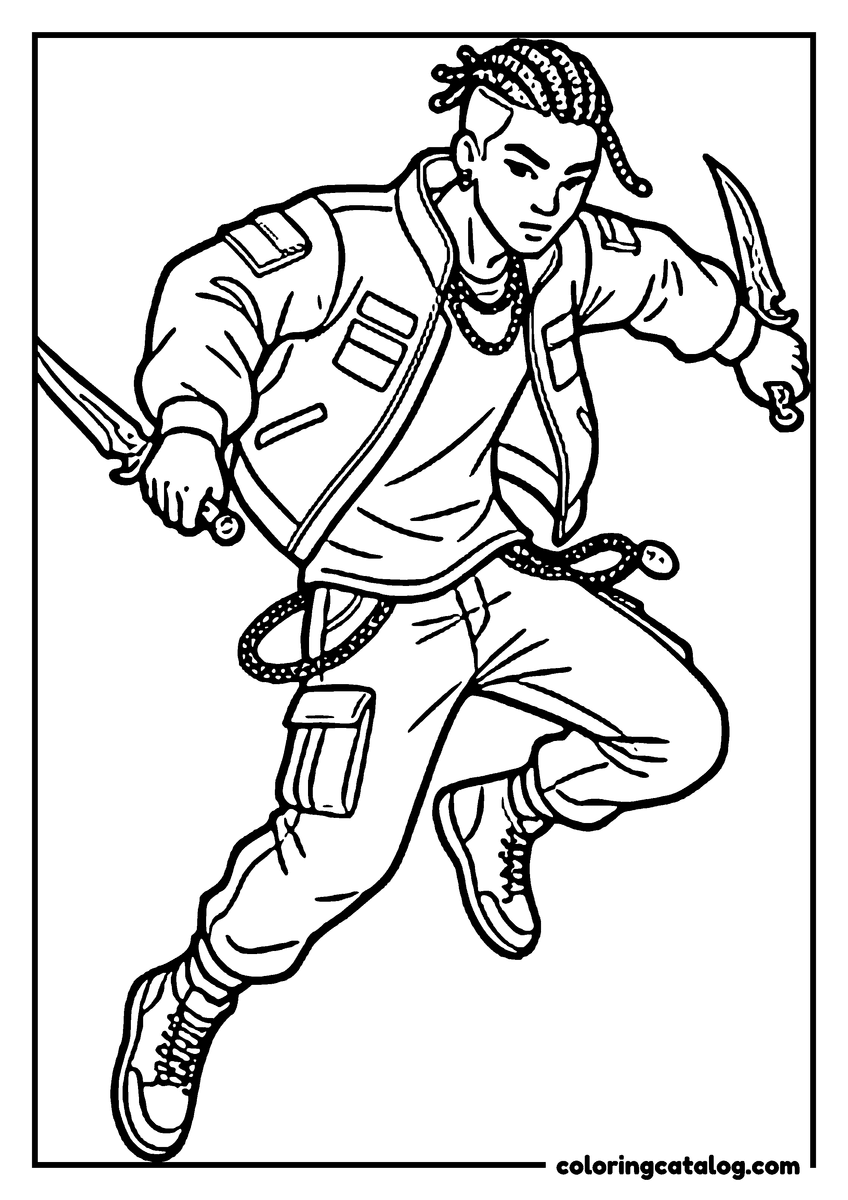 Printable Kpop demon hunters coloring page: A young man in a bomber jacket running mid-stride with a curved knife in each hand