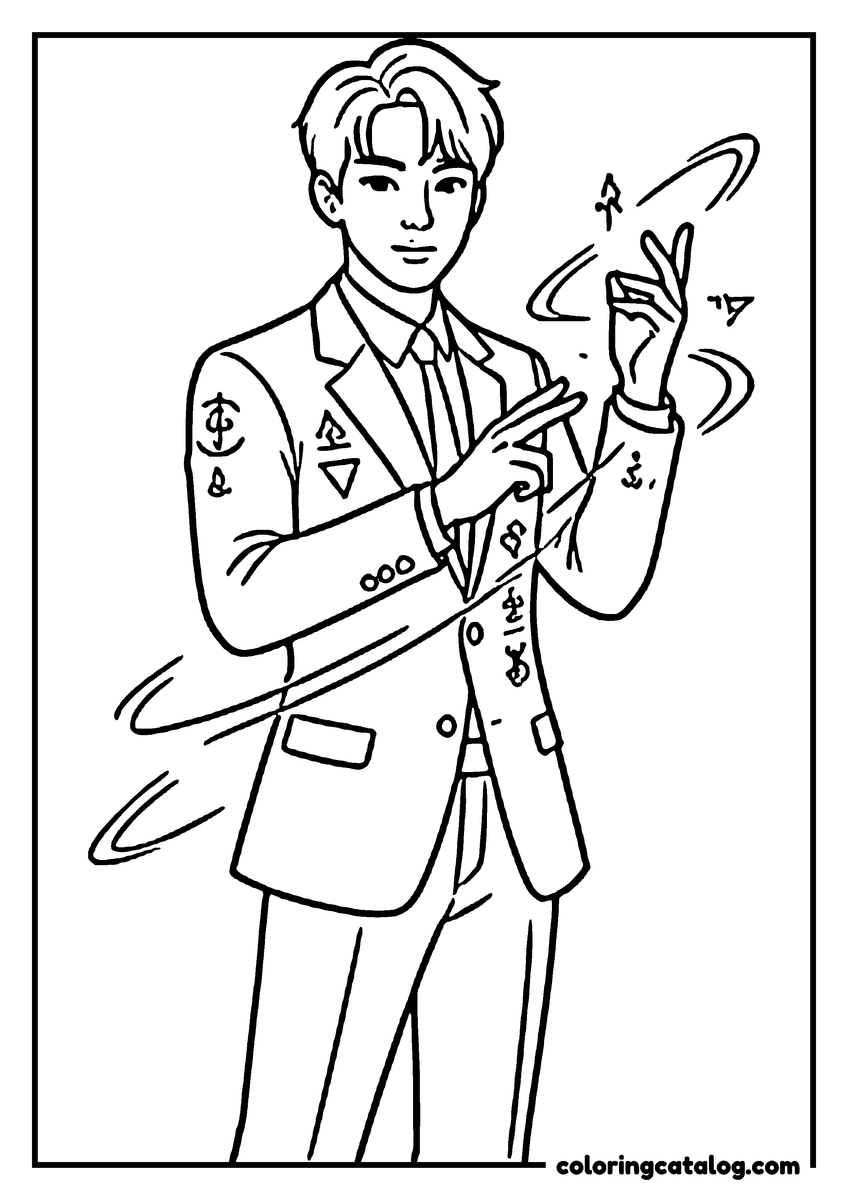 Printable Kpop demon hunters coloring page: A young man in a tailored suit snapping his fingers, ribbons of light and symbols spiralling around him