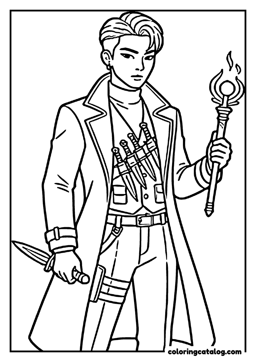 Kpop demon hunters coloring page: A young man in a trench coat holding a flaming staff, a dagger in his other hand and four more in his waistcoat