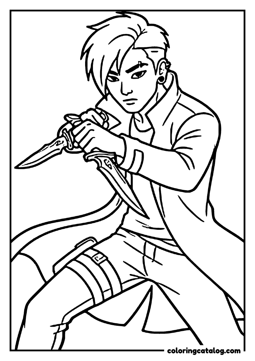 Free Kpop demon hunters coloring sheet: A young man in a long coat crossing two curved daggers in front of him, a rune on his brow