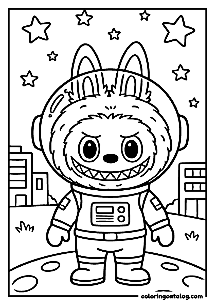 Printable Labubu coloring page: In a spacesuit on a crater floor, big stars overhead and city rooftops on the horizon