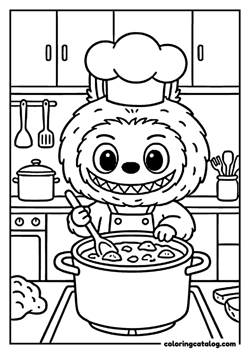 Printable Labubu coloring page: Stirring a big pot on the hob with a wooden spoon, utensils hanging on the wall