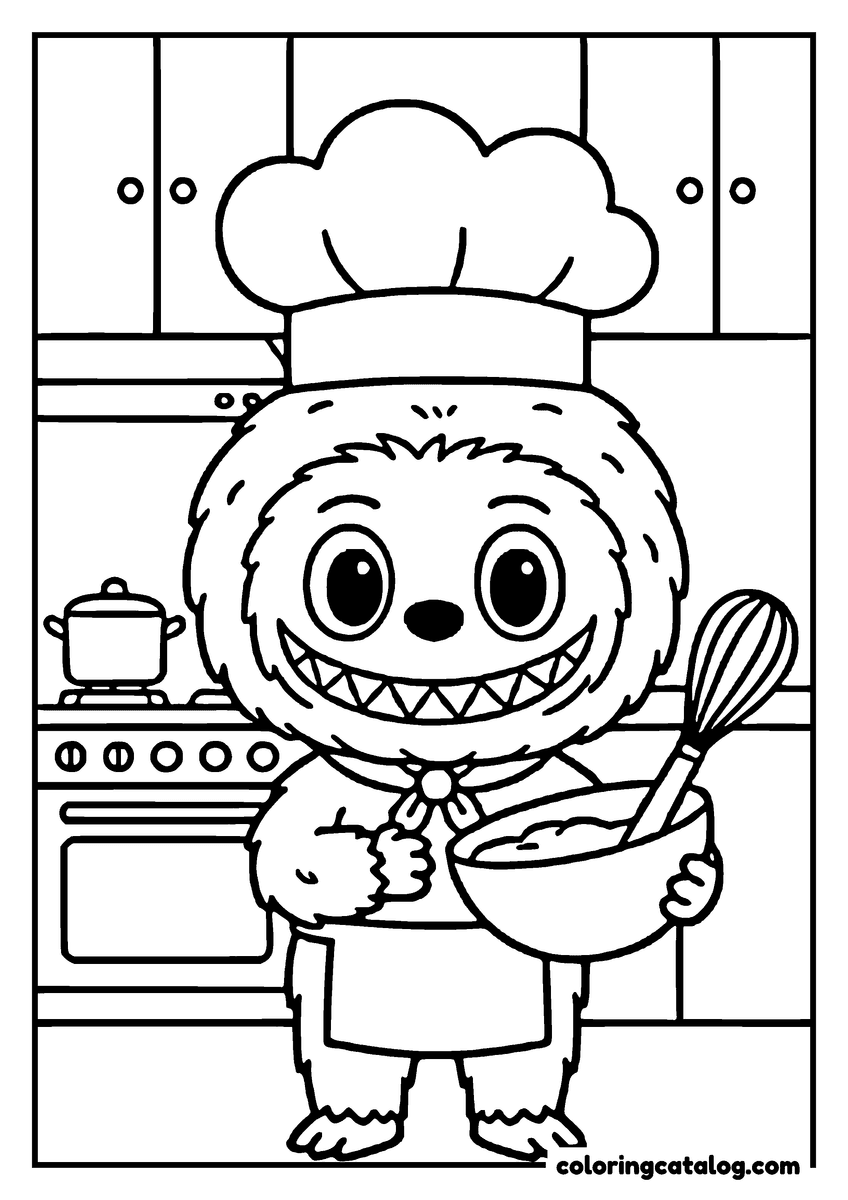 Free Labubu coloring sheet: In a chef's hat and apron, whisking a bowl of batter, with a pot simmering on the stove behind