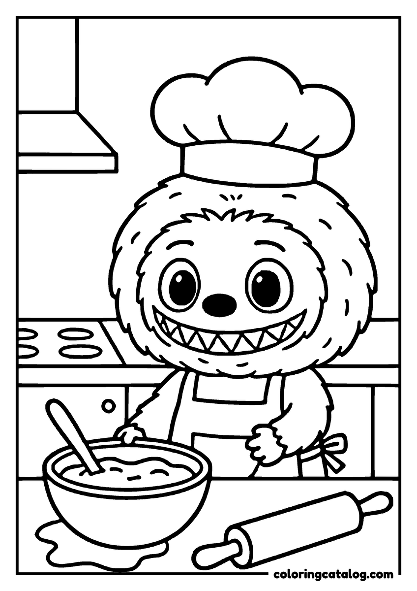 Labubu coloring page: Stirring a bowl of batter on the worktop, a rolling pin alongside and an extractor hood above