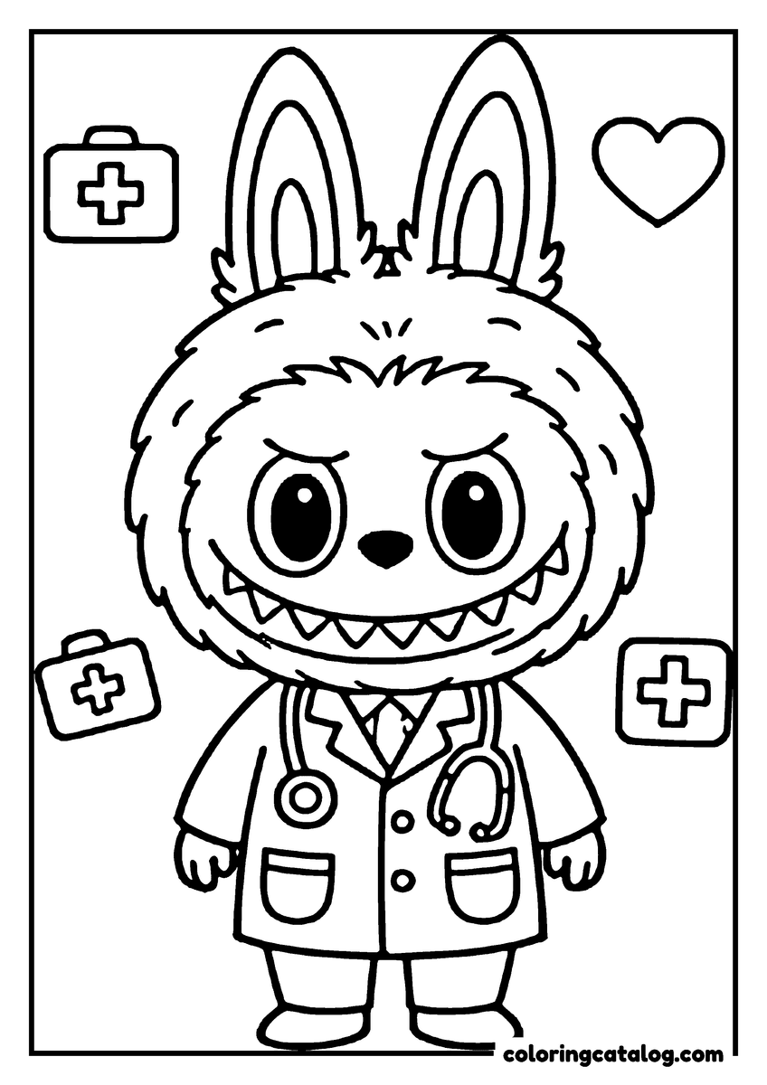Free Labubu coloring sheet: In a doctor's coat with a stethoscope, first aid kits and a heart floating around