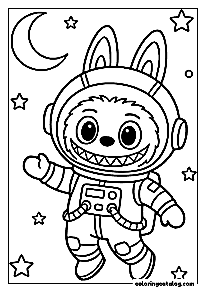 Free Labubu coloring sheet: Floating weightless in a spacesuit and helmet, one arm waving, under a crescent moon