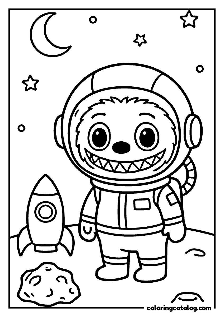 Printable Labubu coloring page: Standing on the moon next to a rocket, with a crescent moon and an asteroid nearby