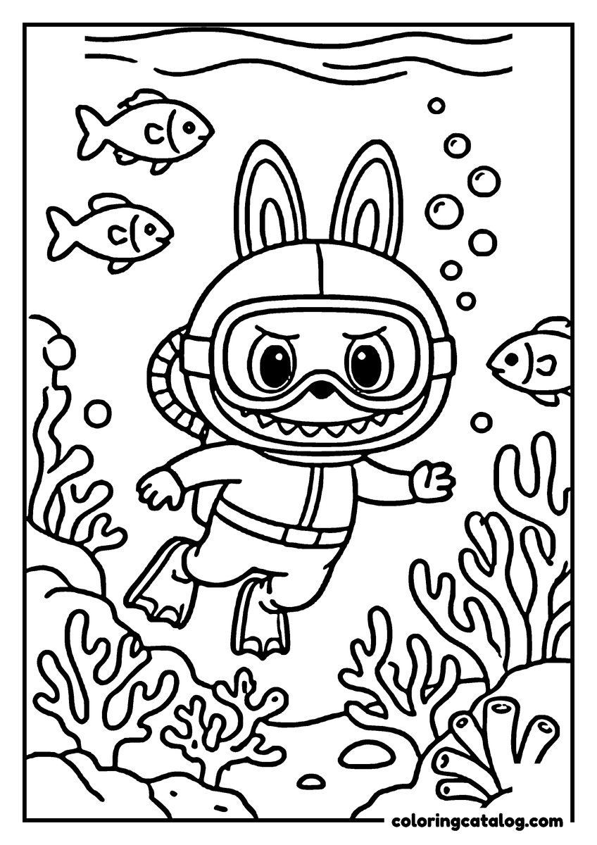 Free Labubu coloring sheet: Diving in a mask and flippers past three fish, with coral and sponges on the seabed