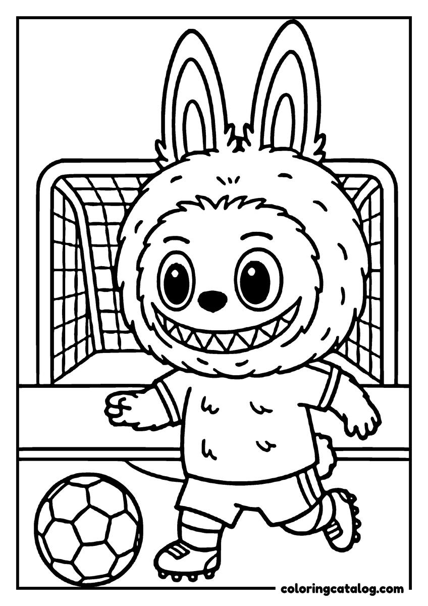 Printable Labubu coloring page: In a football kit and boots, about to kick a ball in front of the goal net